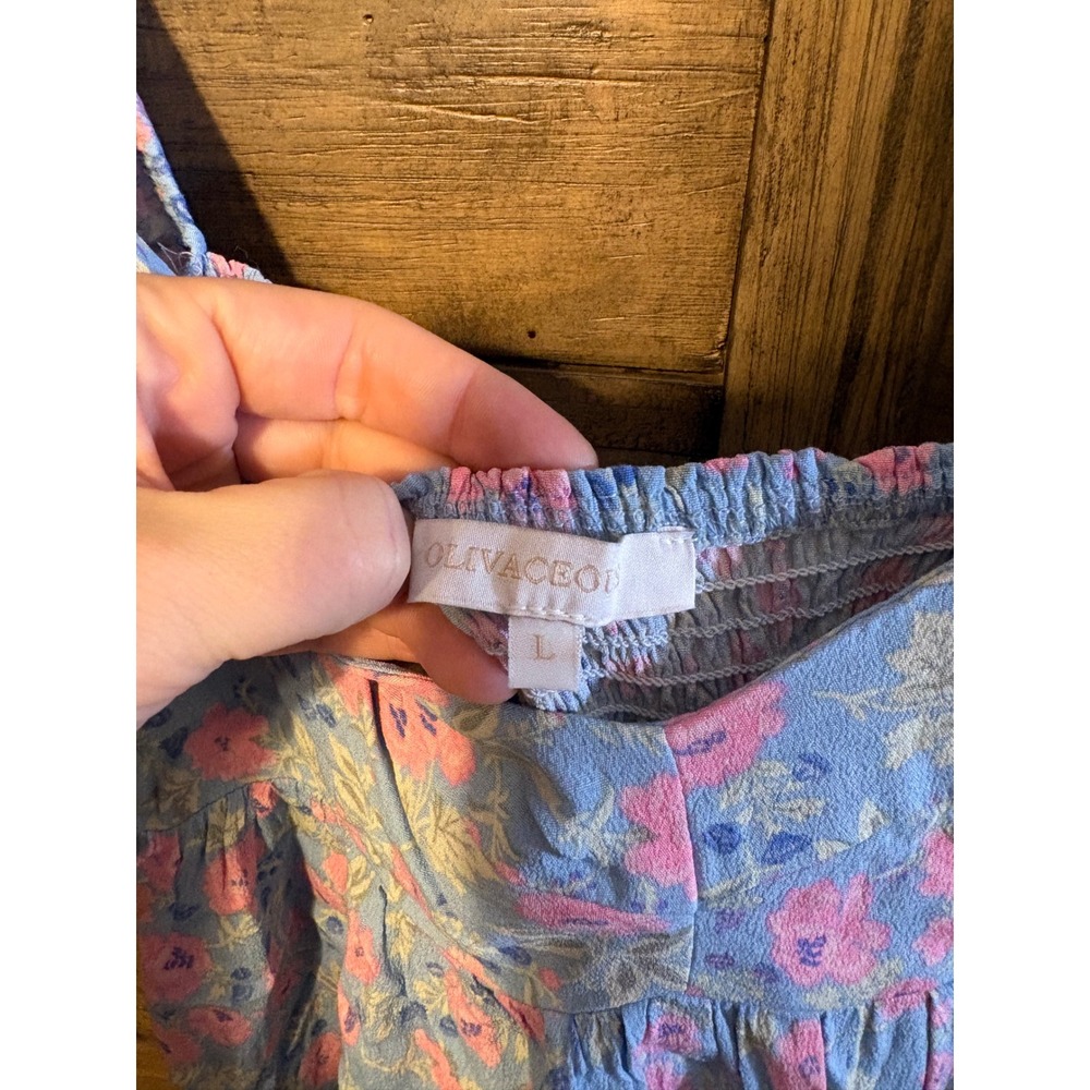 Olivaceous Blue Pink Floral Puff Sleeve Mini Dress Smocked Back L S#2300-672LDJ - Picture 3 of 6